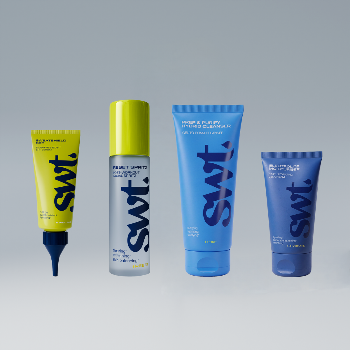 The Full Kit bundle: SWEATSHIELD SPF 30, RESET SPRITZ, PREP & PURIFY CLEANSER and ELECTROLITE MOISTURISER by SWT Skincare